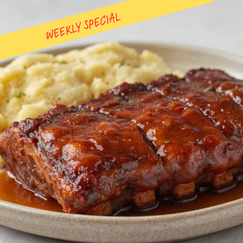 BBQ Ribs, Mashed Potatoes, Garlic Green Beans