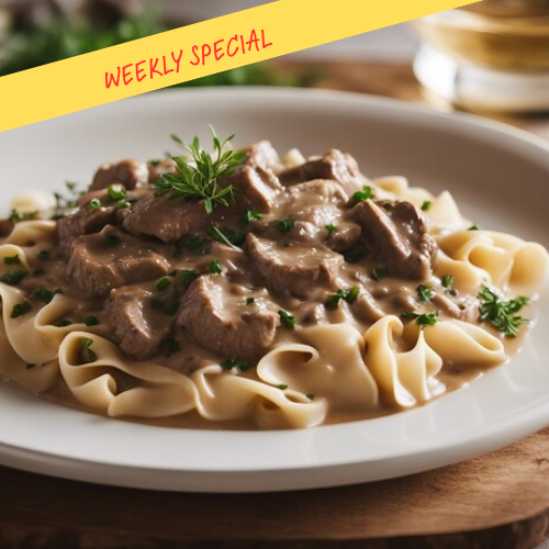 Beef Stroganoff with Egg Noodles & Broccoli
