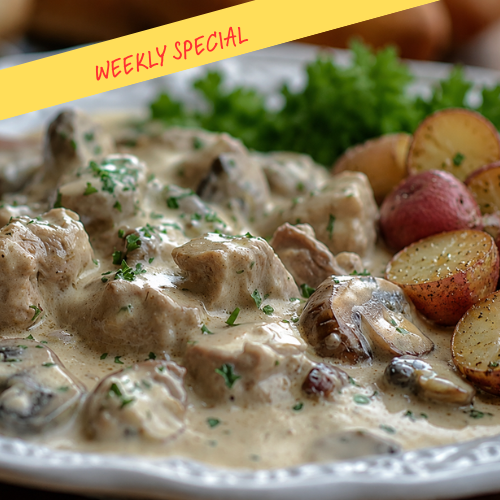 Creamy Mushroom Chicken with Roasted Garlic Parmesan Potatoes
