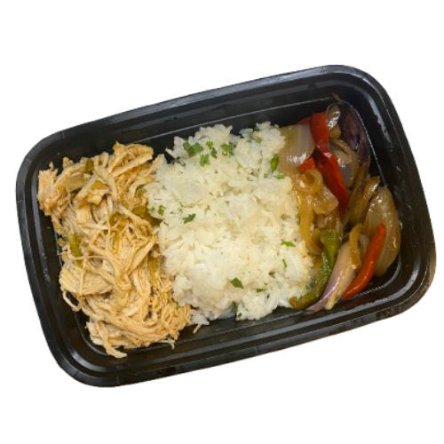 Plastic container with chicken, rice, and vegetables on a white background