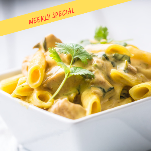 Roasted Poblano Pasta con Elote Chicken