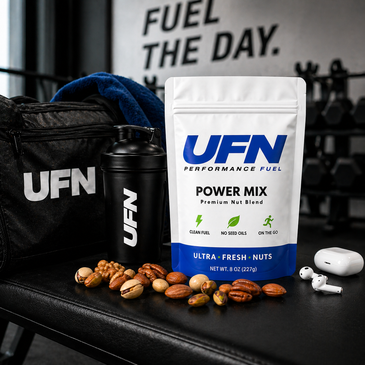 UFN Power Mix package with shaker, nuts, and bag on a bench in a gym setting.