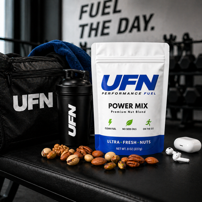 UFN Power Mix package with shaker, nuts, and bag on a bench in a gym setting.